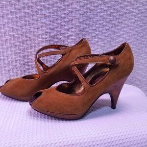 Donald J. Pliner Brown Suede Peep-Toe Mary Jane Heels